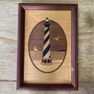 Vintage Marquetry Wood Art Hatteras Lighthouse Outer Banks Jeff Nelson Beach